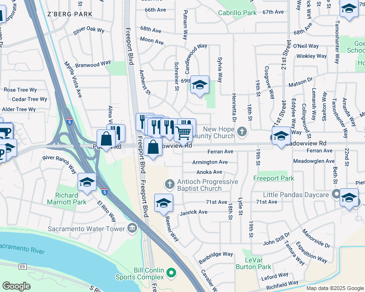 map of restaurants, bars, coffee shops, grocery stores, and more near Meadowview Road & Amherst Street in Sacramento