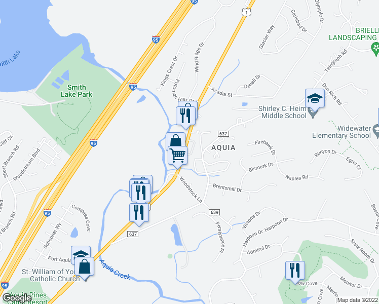 map of restaurants, bars, coffee shops, grocery stores, and more near 22 Sunnyside Drive in Stafford