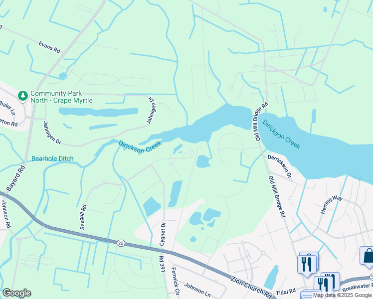 map of restaurants, bars, coffee shops, grocery stores, and more near 35807 Seagull Road in Selbyville