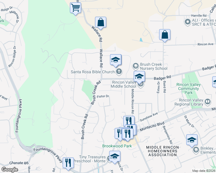 map of restaurants, bars, coffee shops, grocery stores, and more near 4529 Byrne Court in Santa Rosa
