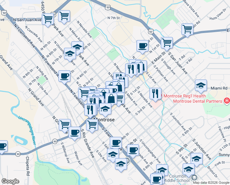 map of restaurants, bars, coffee shops, grocery stores, and more near 612 E Main St in Montrose