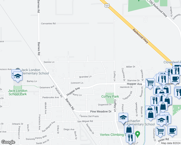 map of restaurants, bars, coffee shops, grocery stores, and more near 3740 Hennessy Place in Santa Rosa