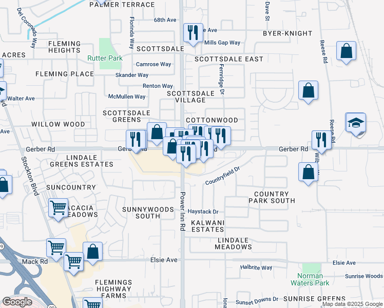 map of restaurants, bars, coffee shops, grocery stores, and more near 8100 Gerber Road in Sacramento