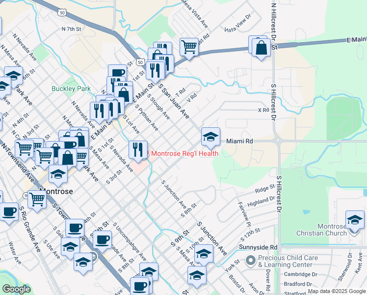 map of restaurants, bars, coffee shops, grocery stores, and more near 1101 South 5th Street in Montrose