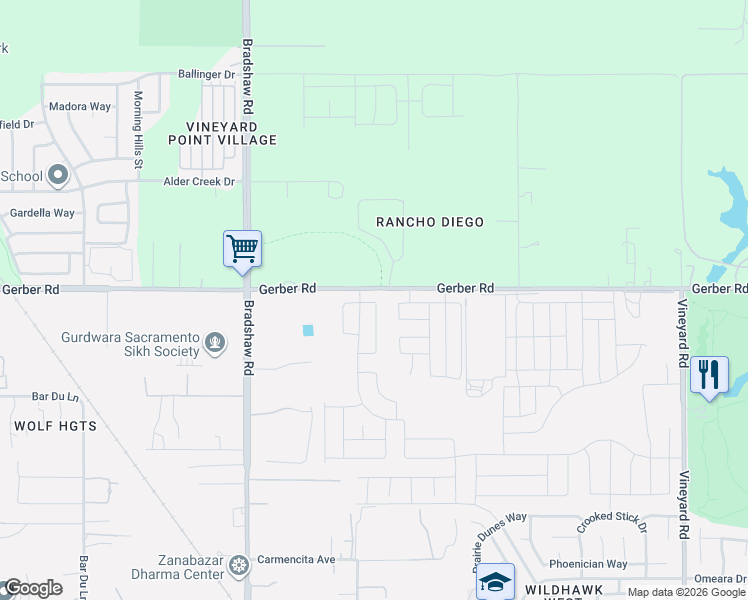 map of restaurants, bars, coffee shops, grocery stores, and more near 9758-9830 Gerber Road in Sacramento