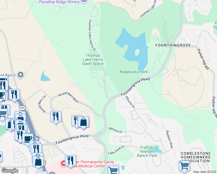 map of restaurants, bars, coffee shops, grocery stores, and more near 2009 Stonefield Lane in Santa Rosa
