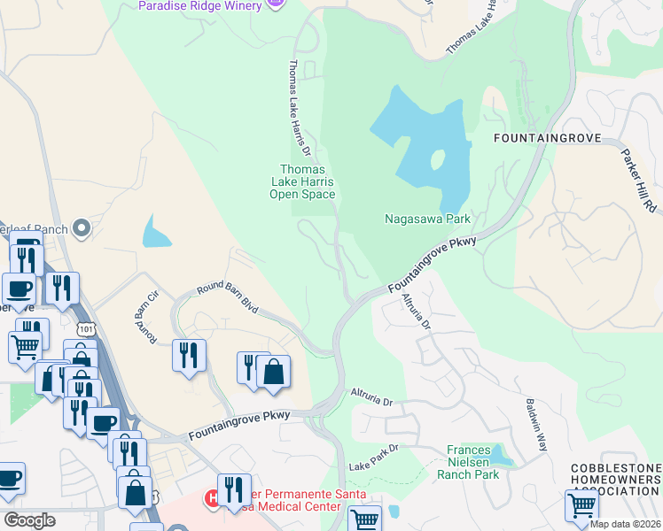 map of restaurants, bars, coffee shops, grocery stores, and more near 2009 Stonefield Lane in Santa Rosa