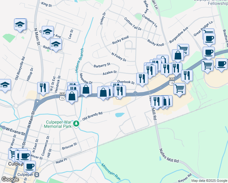 map of restaurants, bars, coffee shops, grocery stores, and more near 600 Highview Court in Culpeper