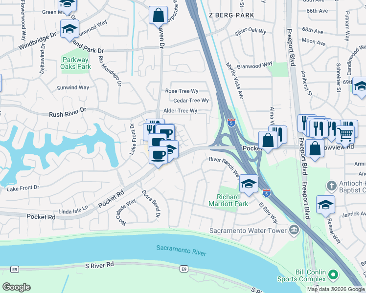 map of restaurants, bars, coffee shops, grocery stores, and more near 12 Paisan Court in Sacramento