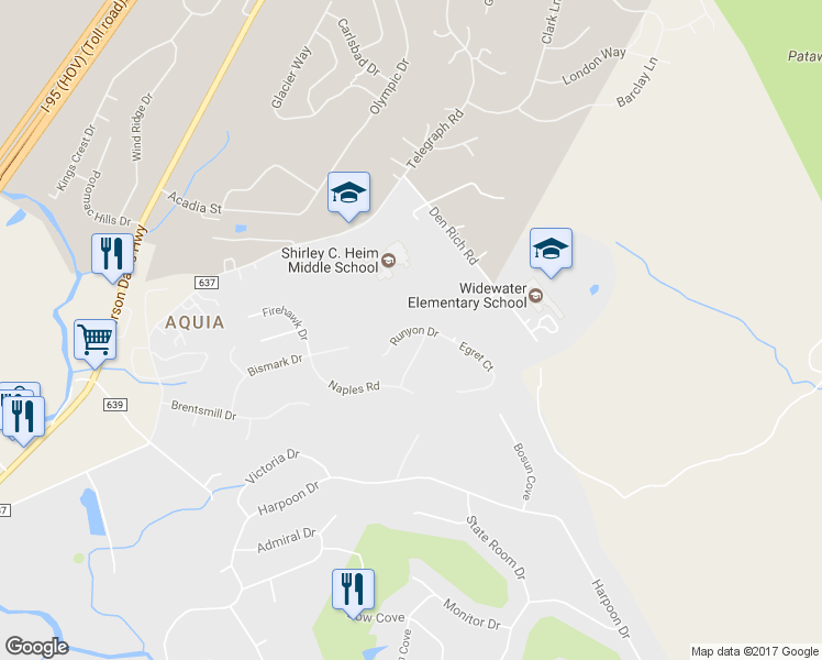 map of restaurants, bars, coffee shops, grocery stores, and more near 35 Runyon Drive in Stafford