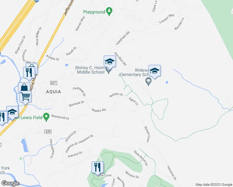 map of restaurants, bars, coffee shops, grocery stores, and more near 18 Runyon Drive in Stafford