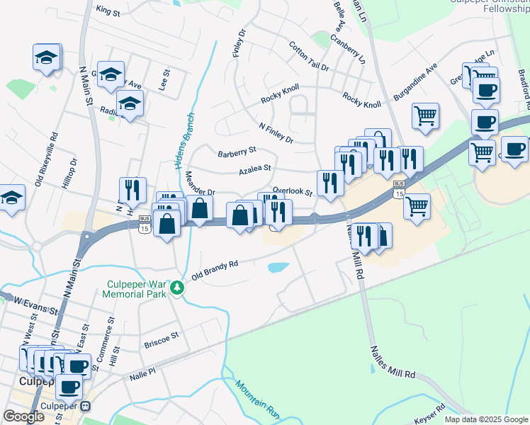 map of restaurants, bars, coffee shops, grocery stores, and more near 600 Highview Court in Culpeper