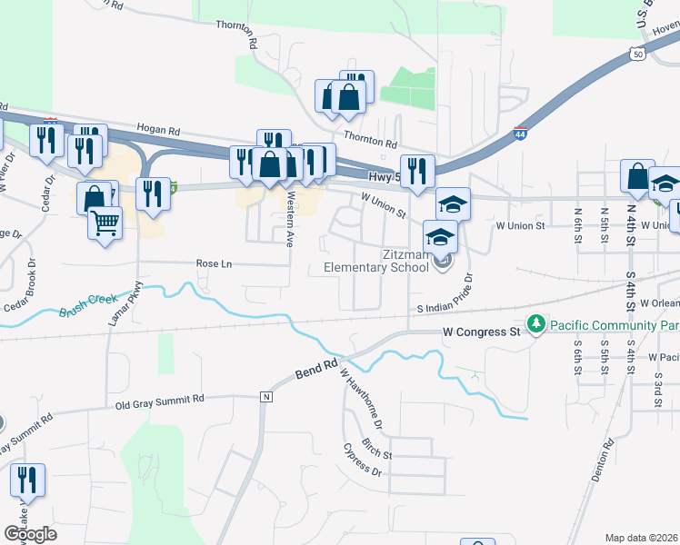 map of restaurants, bars, coffee shops, grocery stores, and more near 1515 West Pacific Street in Pacific