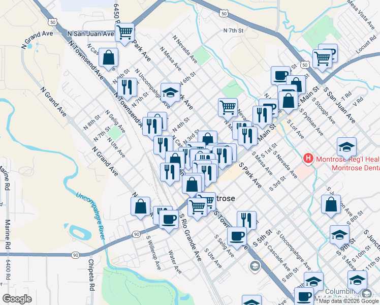 map of restaurants, bars, coffee shops, grocery stores, and more near 339 N 2nd St in Montrose
