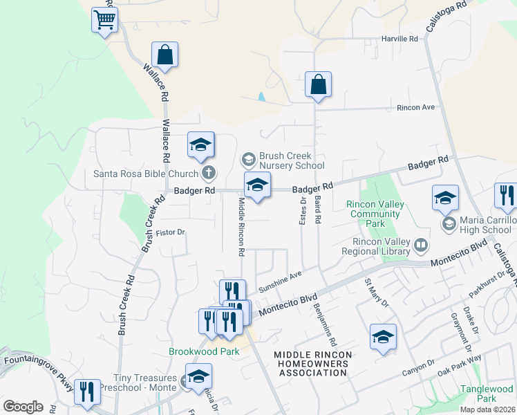 map of restaurants, bars, coffee shops, grocery stores, and more near 4650 Badger Road in Santa Rosa