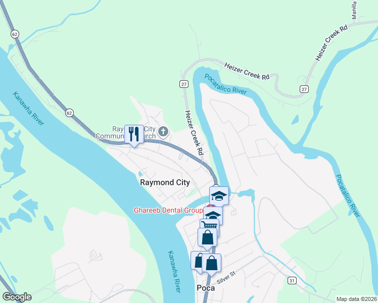 map of restaurants, bars, coffee shops, grocery stores, and more near 3321 Charleston Road in Poca