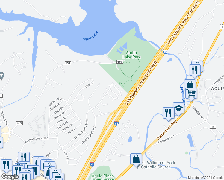 map of restaurants, bars, coffee shops, grocery stores, and more near 111 Shamrock Drive in Stafford