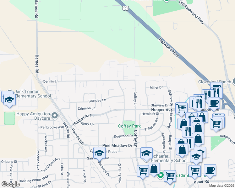 map of restaurants, bars, coffee shops, grocery stores, and more near 1612 Brandee Lane in Santa Rosa