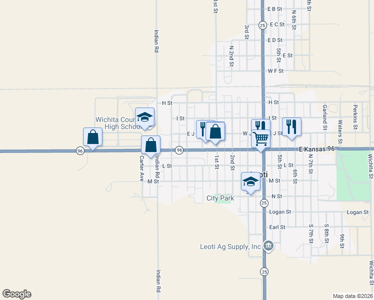 map of restaurants, bars, coffee shops, grocery stores, and more near 601 Broadway Street in Leoti