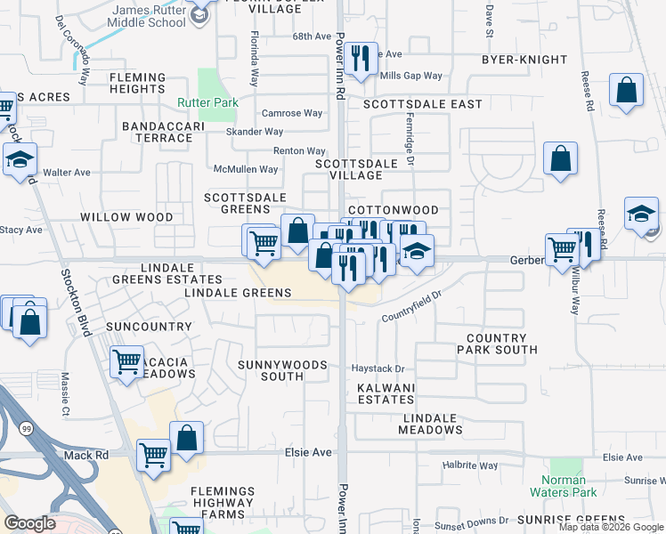 map of restaurants, bars, coffee shops, grocery stores, and more near 8100 Gerber Road in Sacramento