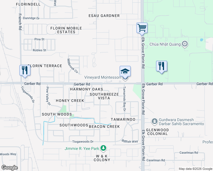 map of restaurants, bars, coffee shops, grocery stores, and more near 7609 Eastbreeze Circle in Sacramento