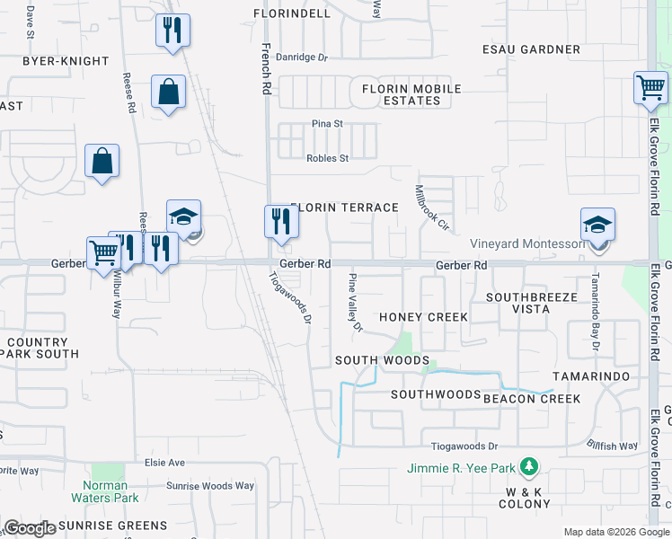 map of restaurants, bars, coffee shops, grocery stores, and more near 7610 Lakewood Park Drive in Sacramento