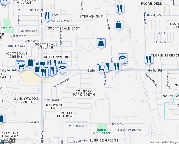 map of restaurants, bars, coffee shops, grocery stores, and more near 8262 Southfields Circle in Sacramento