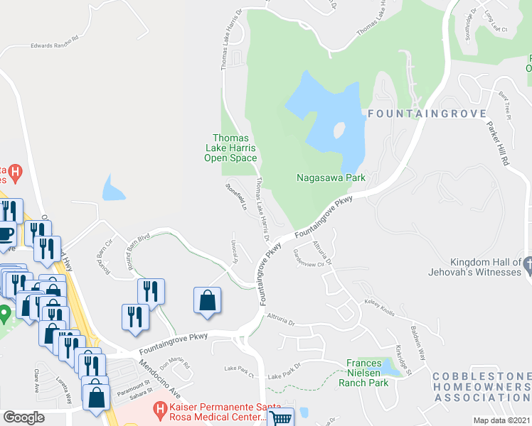map of restaurants, bars, coffee shops, grocery stores, and more near 2009 Stonefield Lane in Santa Rosa