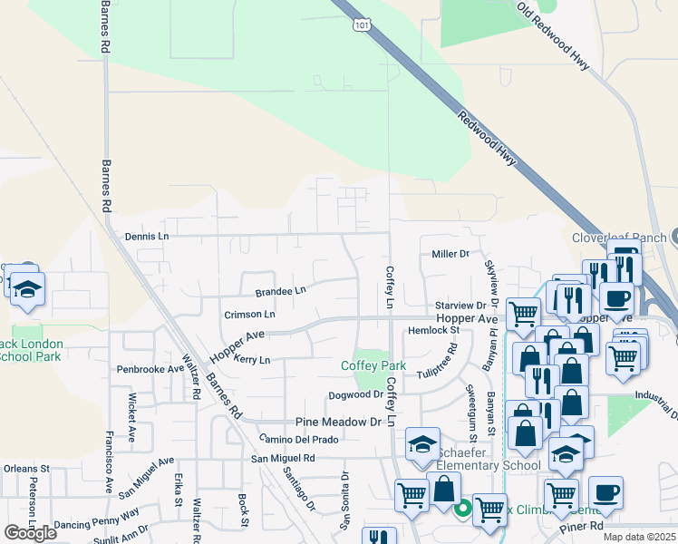 map of restaurants, bars, coffee shops, grocery stores, and more near 1612 Brandee Lane in Santa Rosa