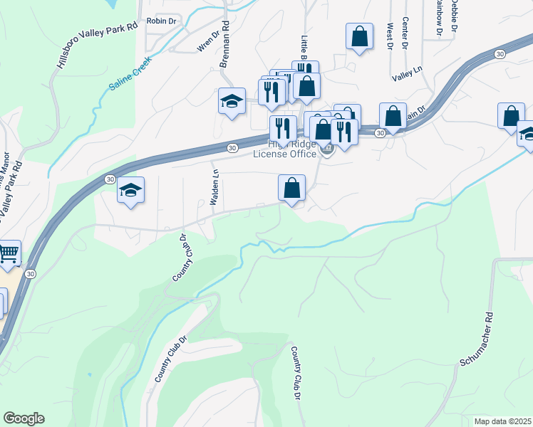 map of restaurants, bars, coffee shops, grocery stores, and more near 1804 Gravois Road in High Ridge