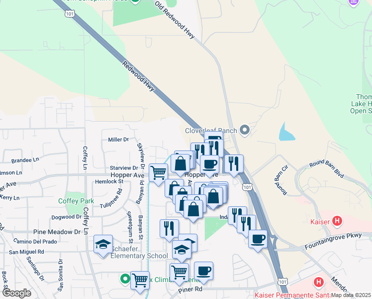 map of restaurants, bars, coffee shops, grocery stores, and more near 3737 Airway Drive in Santa Rosa