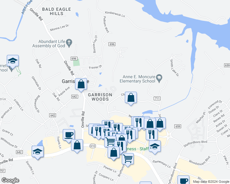 map of restaurants, bars, coffee shops, grocery stores, and more near 505 Garrison Woods Drive in Stafford