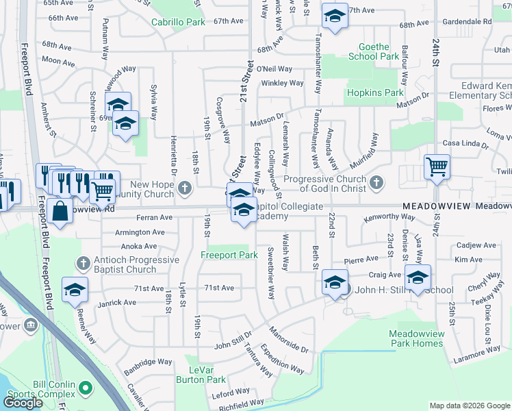 map of restaurants, bars, coffee shops, grocery stores, and more near Meadowview Road & Manorside Drive in Sacramento
