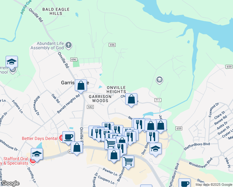 map of restaurants, bars, coffee shops, grocery stores, and more near 505 Garrison Woods Drive in Stafford
