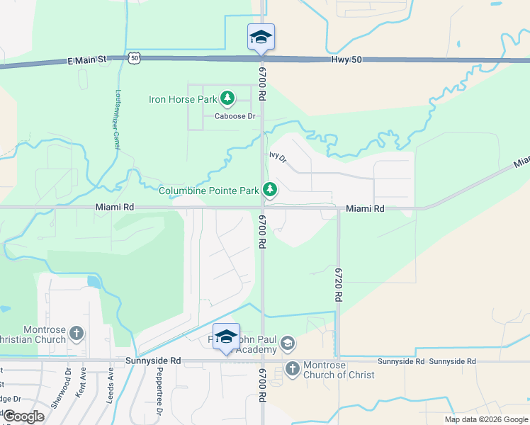 map of restaurants, bars, coffee shops, grocery stores, and more near 67008 Miami Road in Montrose