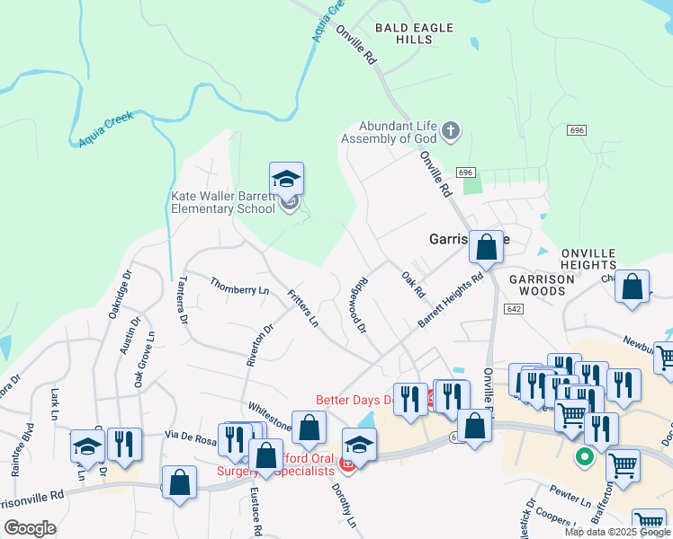 map of restaurants, bars, coffee shops, grocery stores, and more near 26 Kettlebrook Court in Stafford
