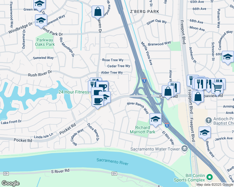 map of restaurants, bars, coffee shops, grocery stores, and more near 12 Paisan Court in Sacramento