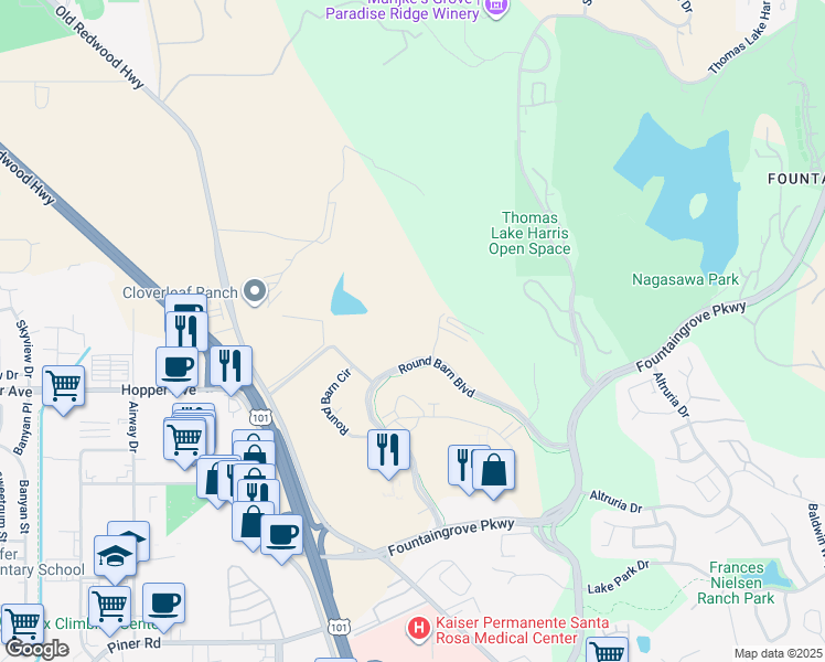 map of restaurants, bars, coffee shops, grocery stores, and more near in Santa Rosa