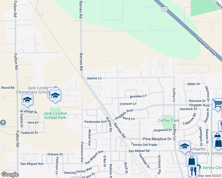 map of restaurants, bars, coffee shops, grocery stores, and more near 1775 Brandee Lane in Santa Rosa
