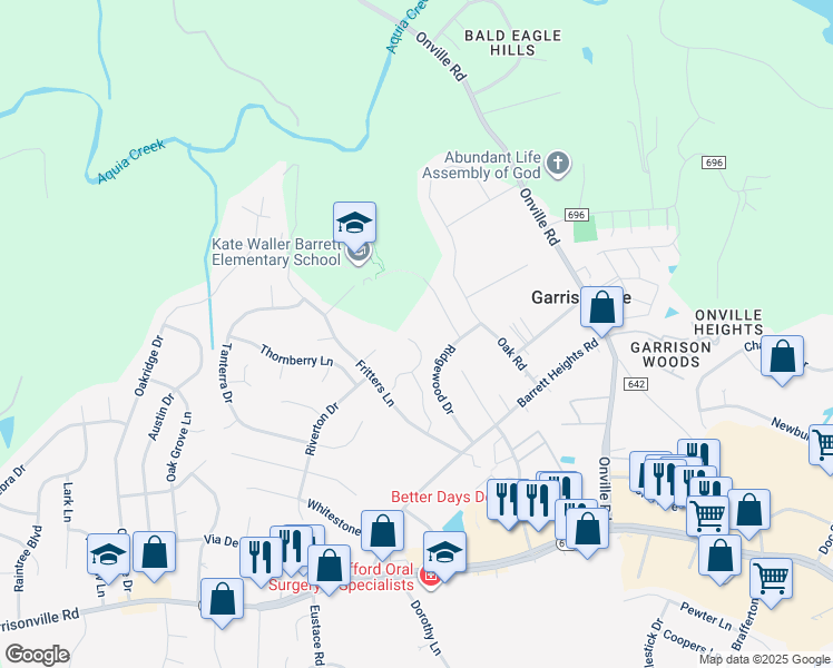 map of restaurants, bars, coffee shops, grocery stores, and more near 26 Kettlebrook Court in Stafford