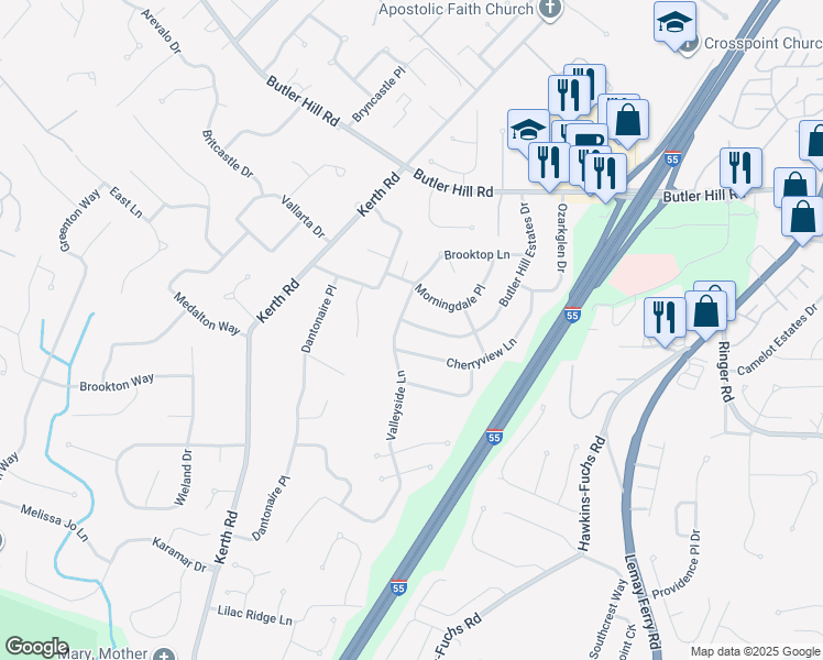 map of restaurants, bars, coffee shops, grocery stores, and more near 5459 Cherryview Lane in St. Louis