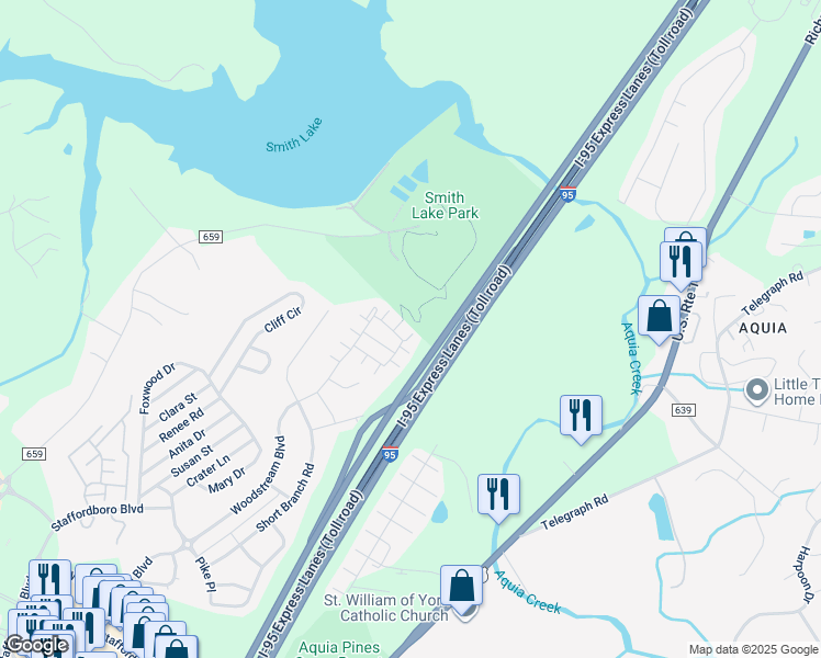 map of restaurants, bars, coffee shops, grocery stores, and more near 109 Conestoga Lane in Stafford