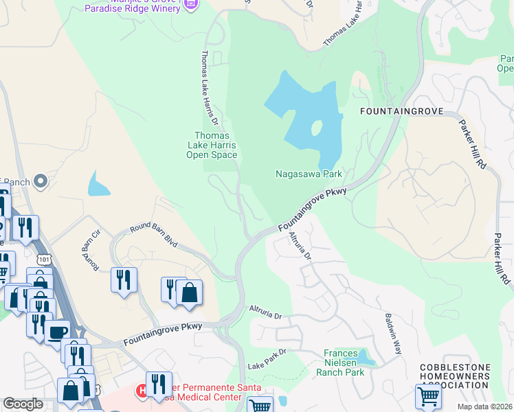 map of restaurants, bars, coffee shops, grocery stores, and more near 2048 Stonefield Lane in Santa Rosa