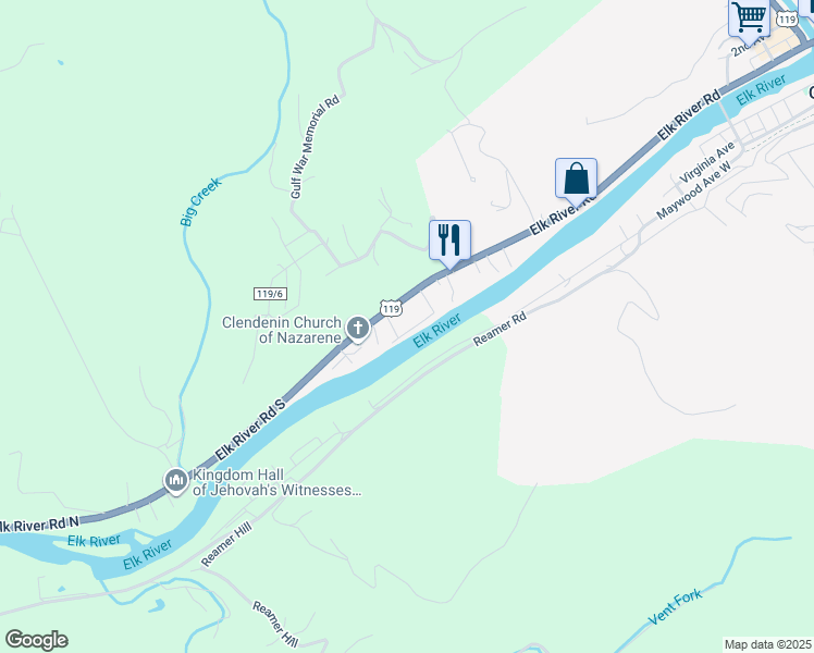 map of restaurants, bars, coffee shops, grocery stores, and more near 109-199 Kelly Street in Clendenin