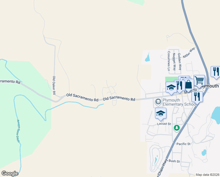 map of restaurants, bars, coffee shops, grocery stores, and more near 8825 Old Sacramento Road in Plymouth