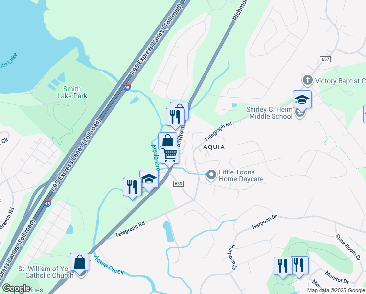 map of restaurants, bars, coffee shops, grocery stores, and more near 12 Sunnyside Drive in Stafford