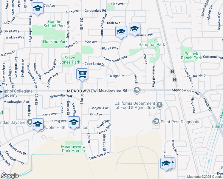 map of restaurants, bars, coffee shops, grocery stores, and more near 2771 Meadowview Road in Sacramento