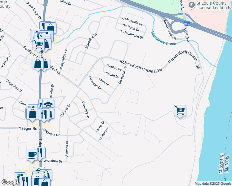 map of restaurants, bars, coffee shops, grocery stores, and more near 4293 Snelson Drive in St. Louis