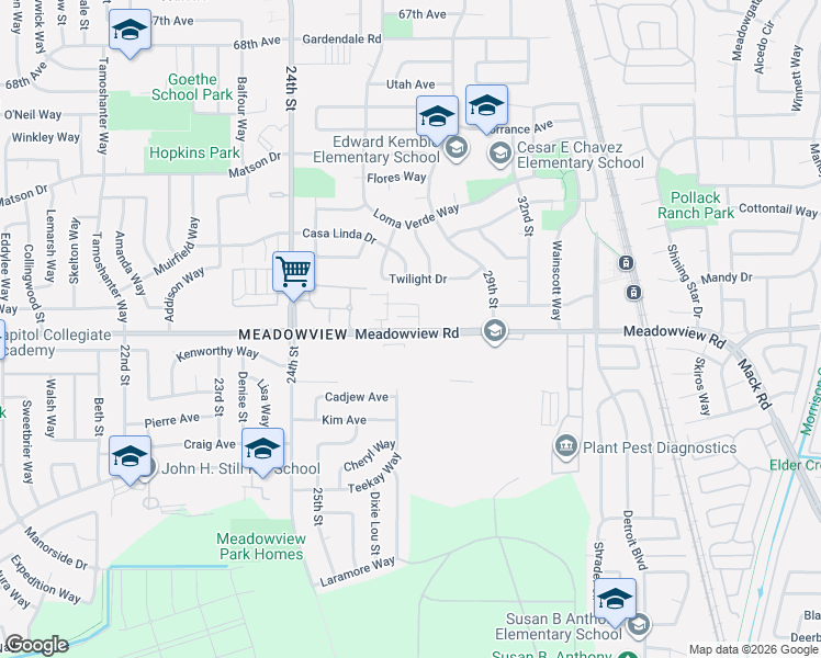 map of restaurants, bars, coffee shops, grocery stores, and more near 2787 Meadowview Road in Sacramento