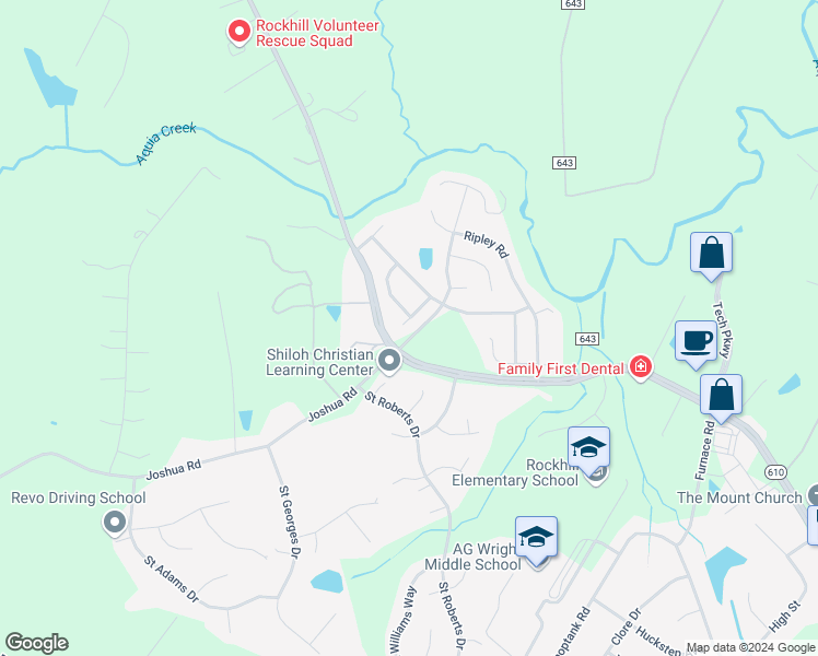 map of restaurants, bars, coffee shops, grocery stores, and more near 19 Ramsey Drive in Stafford